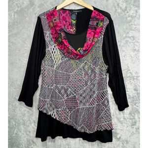 Calessa Top Womens 1X Black White Lace Pink Cowl Neck Tunic 3/4 Sleeve Knit